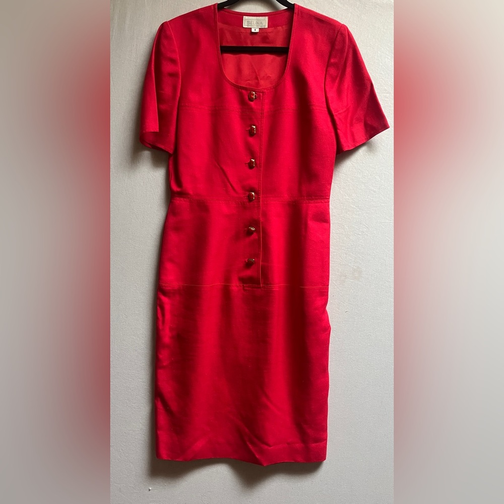 Vintage Selina Red Linen Blend Button Front Midi Dress Size 8
